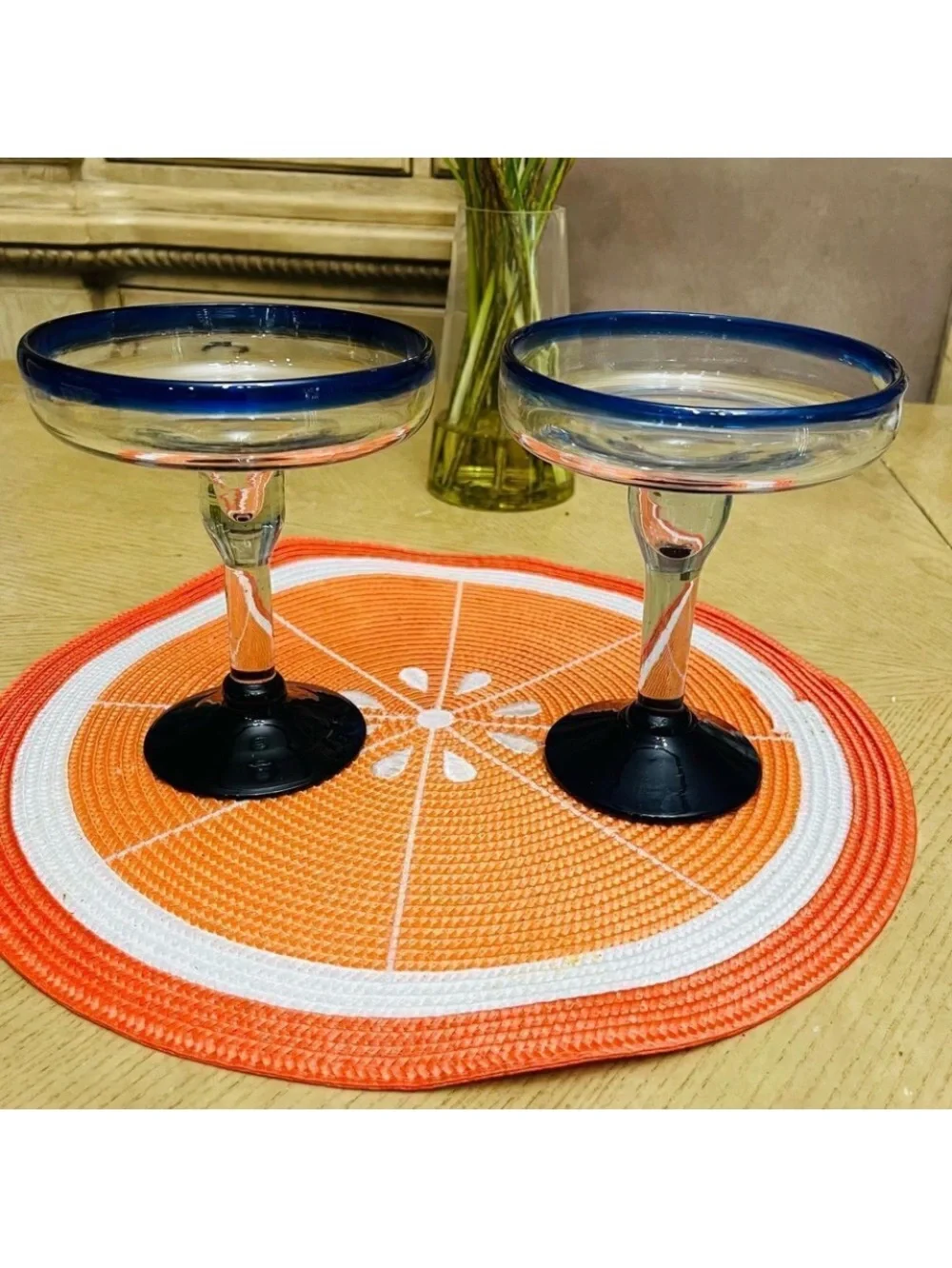 Mexican Hand Blown Margarita Glasses Cobalt Blue Rim Set of Two